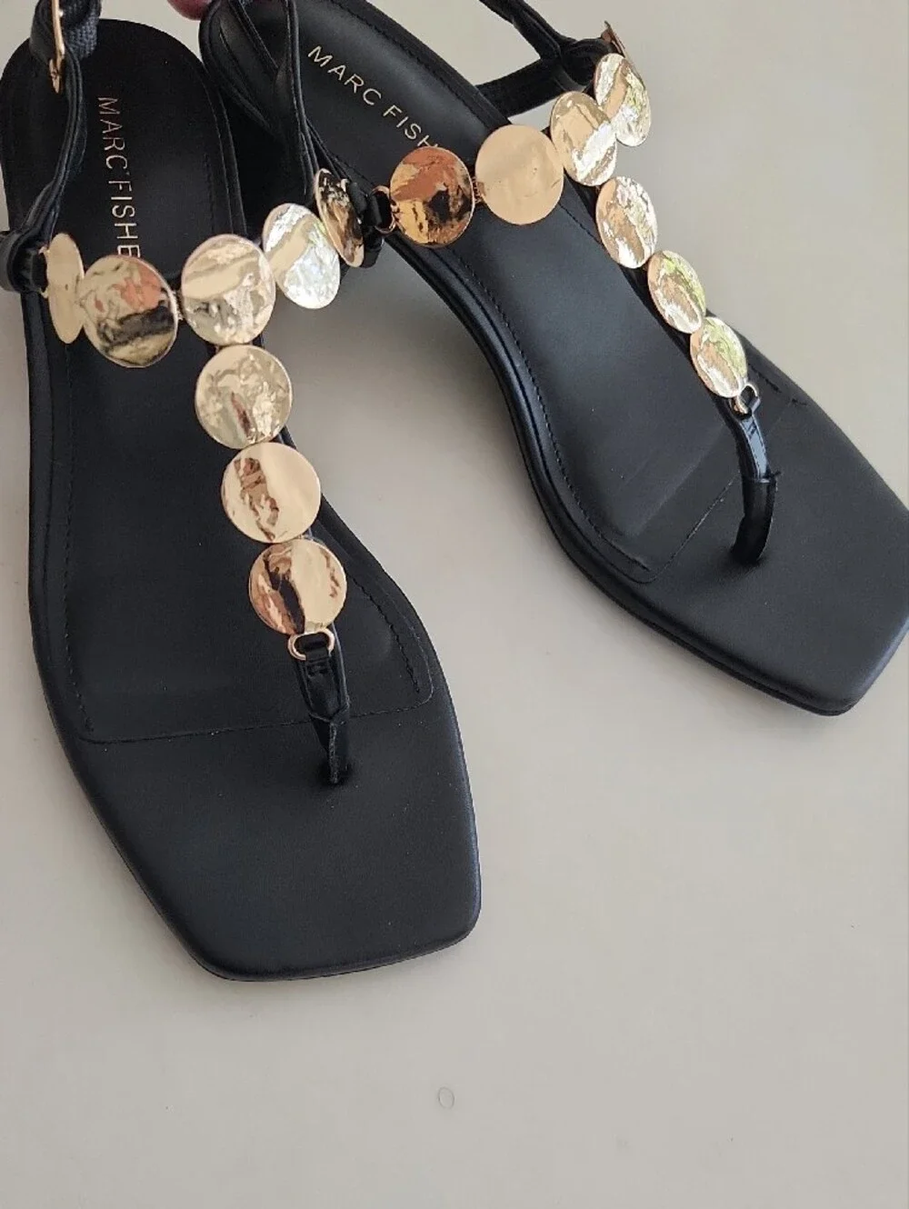 Marc Fisher Black Leather T-Strap Sandals with Hammered Gold Discs